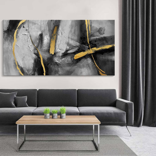 Large Canvas Wall Art Decor - Abstract Black and Gray Wall Pictures Living Room Hand-Painted Dream Painting Golden Canvas Prints as Bedroom Kitchen Dining Room Cafe Home Decor 24X48 In