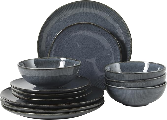 Gibson Elite Sandy Pines Stoneware Plates and Bowls Set - 12 Piece Reactive Glaze Dinnerware Set - Service for 4 - Dishwasher and Microwave Safe - Blue