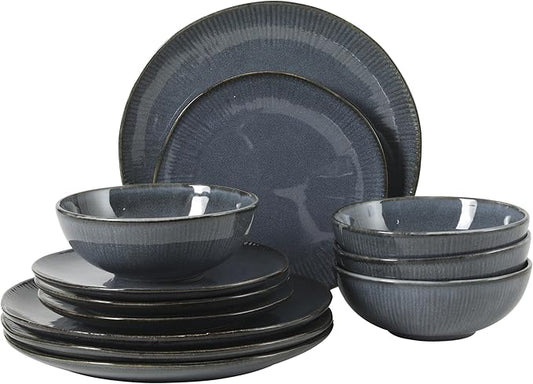 Gibson Elite Sandy Pines Stoneware Plates and Bowls Set - 12 Piece Reactive Glaze Dinnerware Set - Service for 4 - Dishwasher and Microwave Safe - Blue