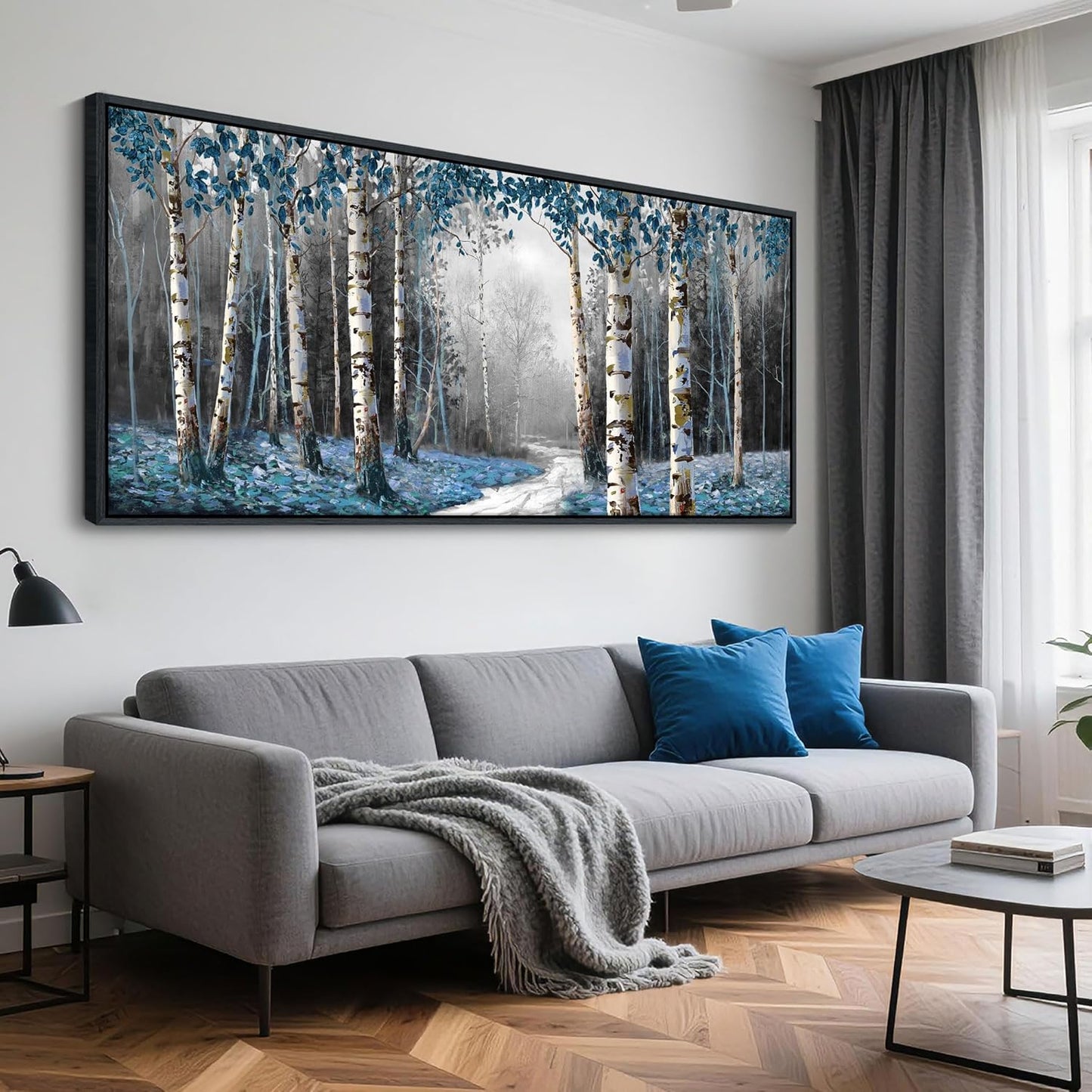 HKDGOKA Large Landscape Wall Art, Gray Blue Birch Tree Abstract Canvas Painting Picture Modern Misty Forest Artwork Framed for Living Room Bedroom Office Kitchen Home Wall Decor 71"x32"