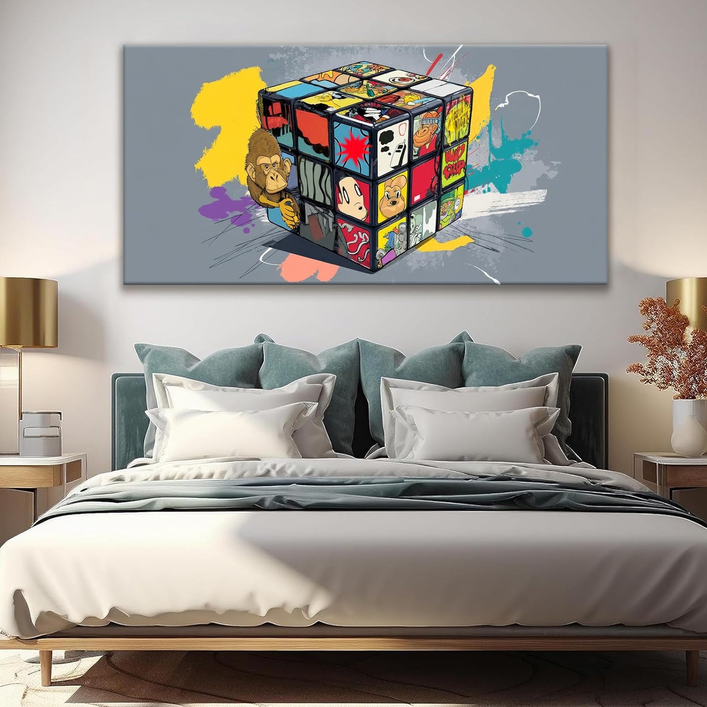 Suconvng Large Abstract Wall Art Graffiti Cube Wall Art Picture Painting Canvas Art Wall Decor Artwork Print Picture For Bedroom Multicolor Office Home Wall Decor Artwork 29 X 58 In