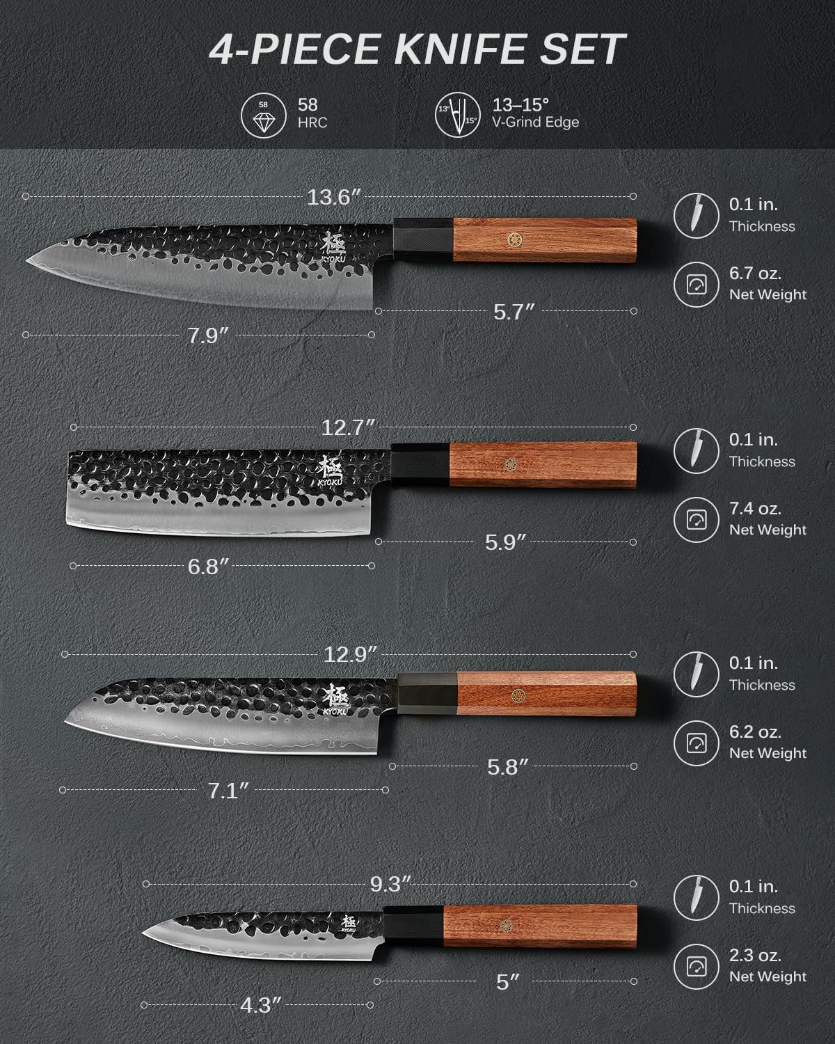 KYOKU 4pc Knife Set, Kage Series Japanese Kitchen Knife Set with Chef Utility Santoku Nakiri Knife, Professional Japanese Knives for Chopping Slicing Mincing with Sheaths & Gift Box