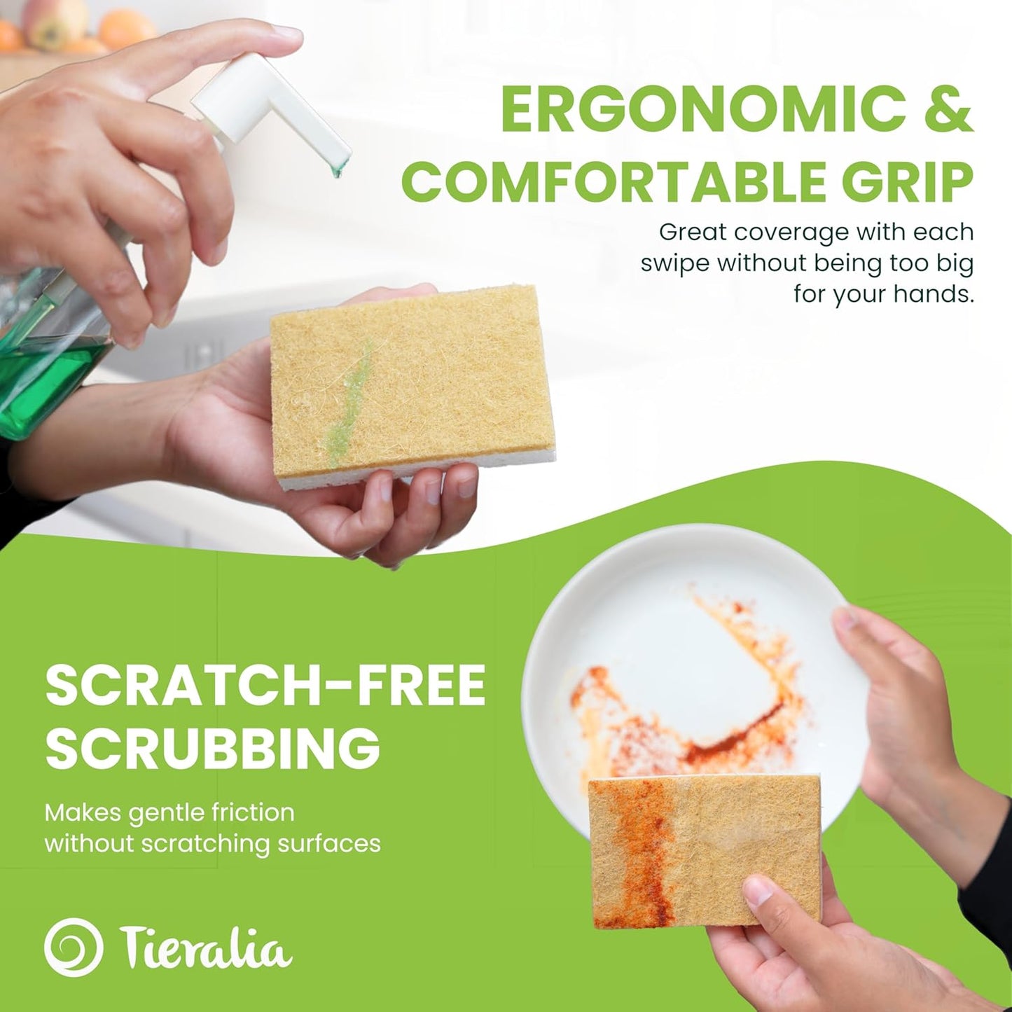 Tieralia Natural Dish Sponge Set – 12-Pack Eco-Friendly & Compostable Scrubbers | Cellulose & Sisal | Non-Toxic, Odor-Free, Reusable Kitchen Sponges for Dishes, Sink, Pots & Pans