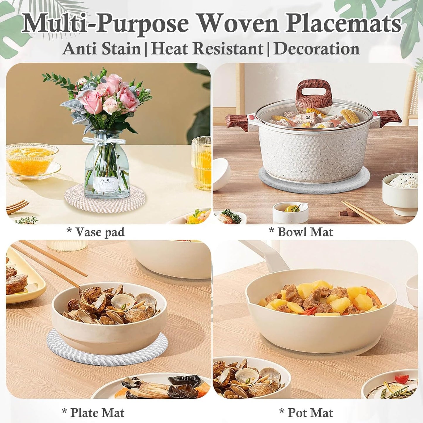 Billbotk 7" Trivets for Dishes, Pots and Pans, 4 Heat Resistant Hot Pads, Pot Holders for Kitchen, Plate Mats for Kitchen Decor (Gray & Brown)