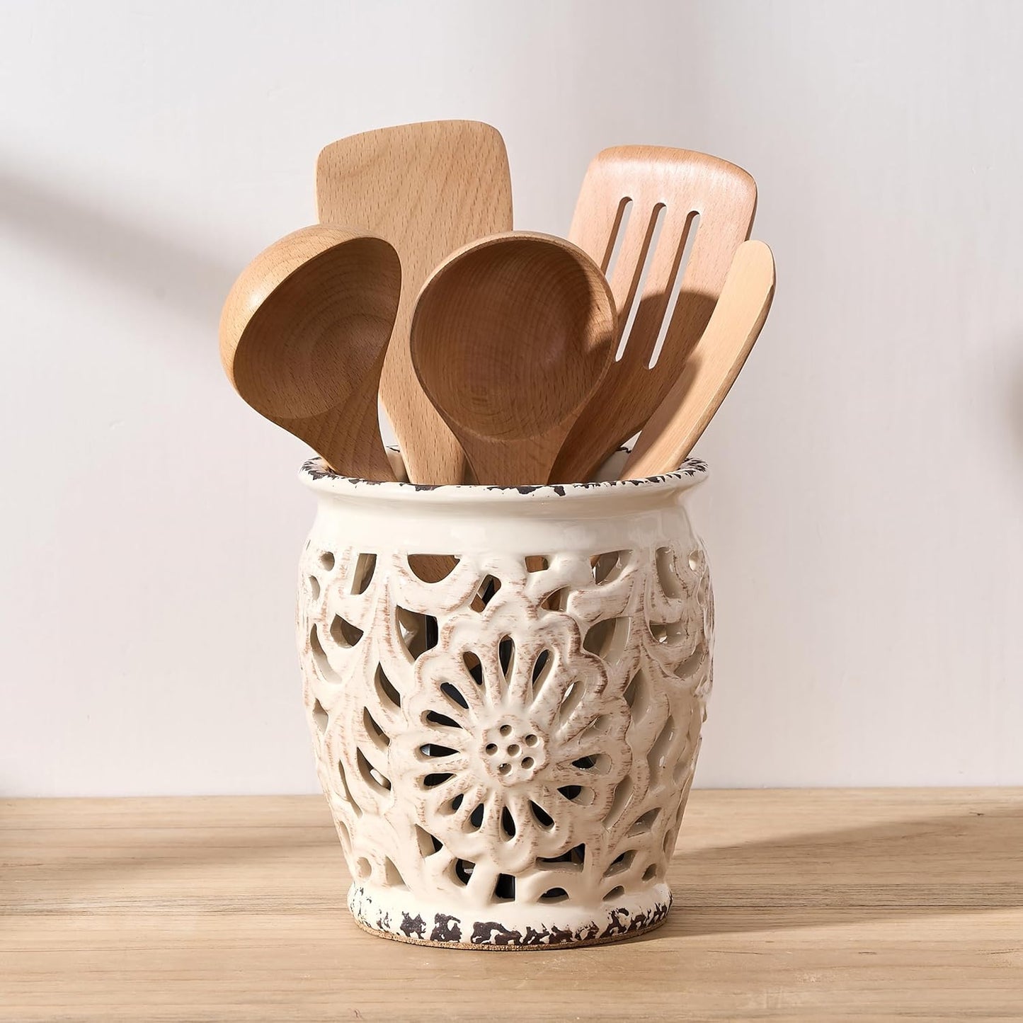 Farmhouse Kitchen Utensil Holder for Kitchen Counter, Ceramic Large Cooking Utensil Crock with Cork Mat, Decorative Rustic Utensil Organizer for Countertop, Spatula, Antique Beige