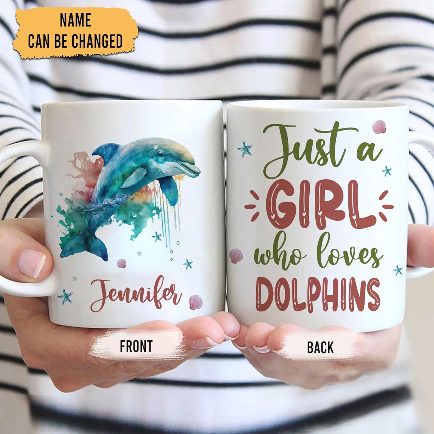 Hyturtle Personalized Gifts Dolphin Lover - Just A Girl Who Loves Dolphins Custom Name Ceramic Coffee Mug Cup 11oz - Idea Cute Sea Animal Lover Gifts For Women, Girl Daughter On Birthday, Christmas