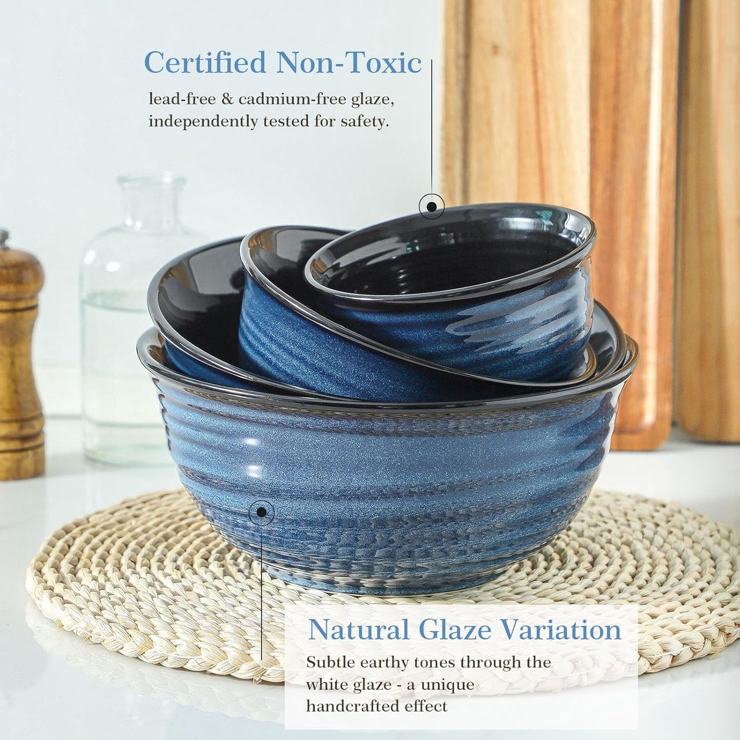 Hasense Mixing Bowls Set, Porcelain Large Salad Bowls for Cooking, Baking, Prepping, Serving, Blue Nesting Dishes for Housewarming Gift, Microwave Dishwasher Safe, 2.8/2.1/1.0/0.5 Qt