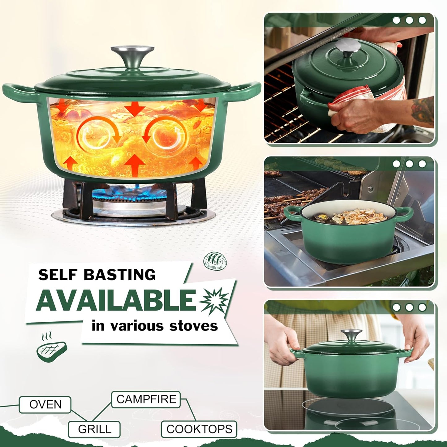 Small 3 Quart Dutch Oven, HaSteeL Round Cast Iron Cooking Pot with Lid, Nonstick Enameled Cookware for Sourdough Bread Baking Roasting Stewing Braising Frying, Heavy Duty & Oven Safe 500℉, Bamboo