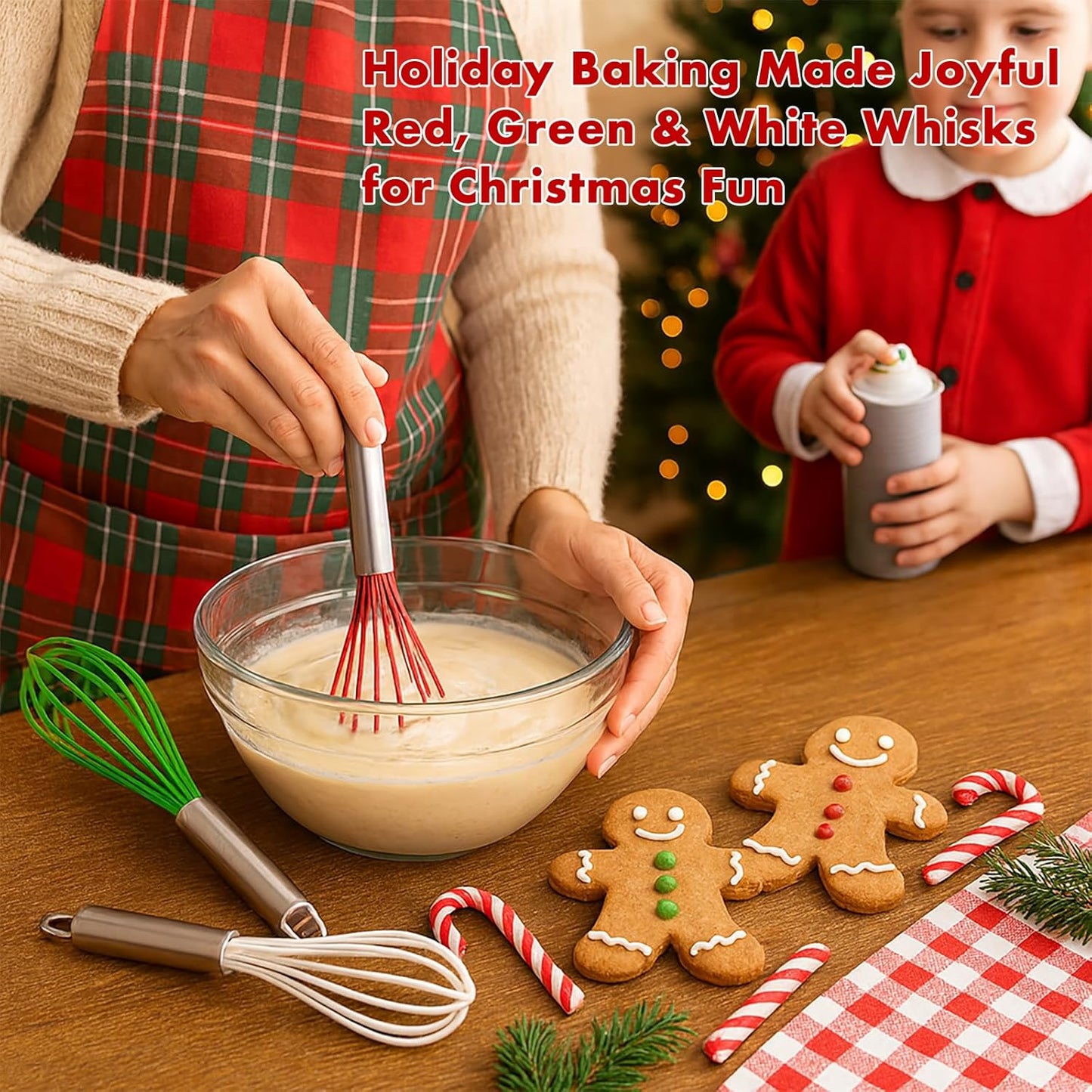 Christmas Whisk Set – 3 Sizes (12”, 10”, 8”) – Holiday Red, Green & White Stainless Steel Whisks for Baking, Cooking & Mixing, Christmas Gift for Bakers & Home Chefs