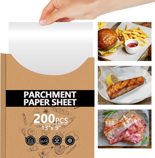 200PCS Thickened Precut Parchment Paper Sheets, 9×13 In Heavy Duty Non-Toxic & Unbleached Parchment Baking Paper for Baking, Grilling, Non-Stick & Comes in Convenient Packaging, White