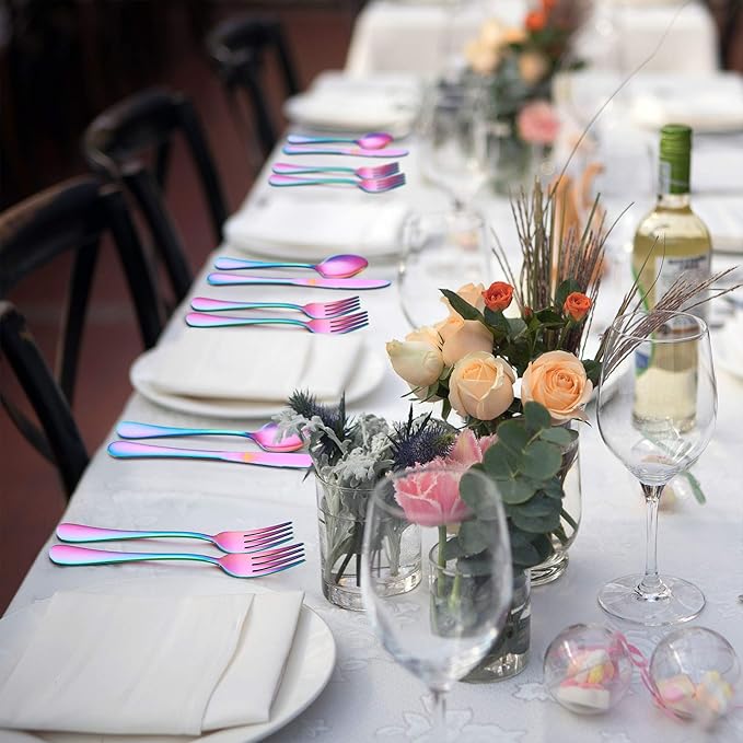 LIANYU Rainbow Flatware Cutlery Set, 20 Piece Stainless Steel Colorful Silverware Set for 4, Tableware Eating Utensils, Mirror Finish, Dishwasher Safe