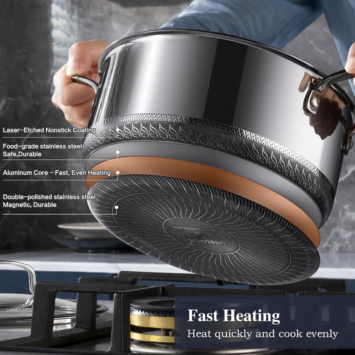 Hybrid Nonstick 6-Piece Pot Set with 2 Silicone Trivets, 1.5 QT Sauce Pan, 2 and 5.2 QT Stock Pot with Glass Lids, Stay-Cool Handles, Dishwasher-Friendly,Compatible All Cooktops