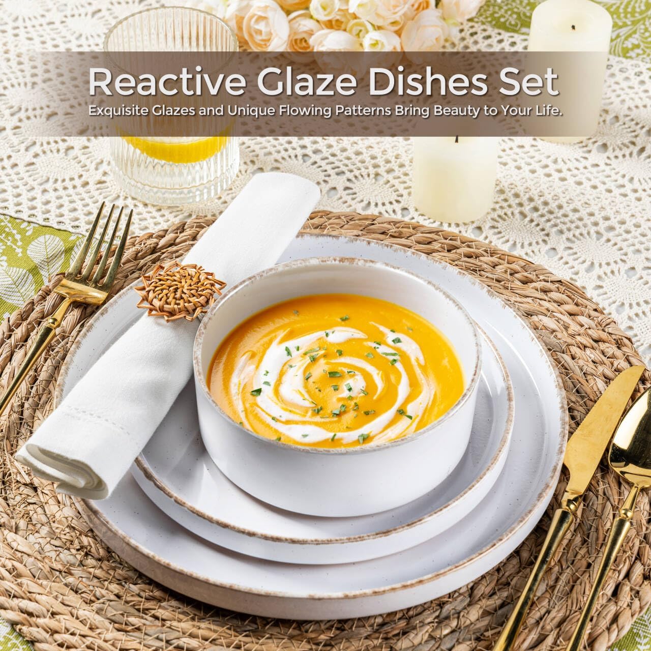 AmorArc Ceramic Dinnerware Sets for 6, 18 Pieces Handpainted Plates and Bowls Set with Rustic Terracotta Underside, Scratch Resistant Stoneware Dishes Set, Dishwasher & Microwave Safe