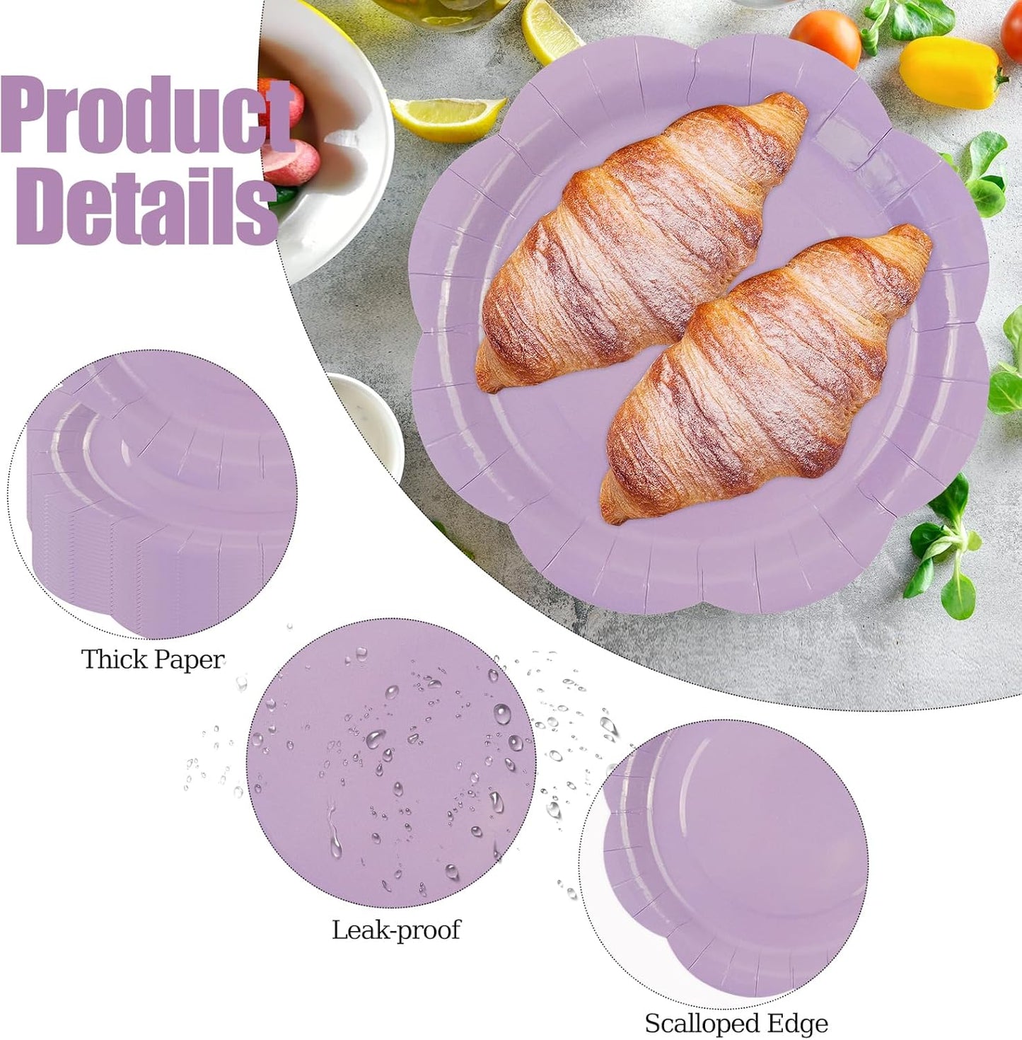 50 Pack Light Purple Paper Plates 7 Inch, Disposable Scalloped Plates Cake Dessert Plate for Dinner Baby Shower Wedding Bridal Shower Birthday Party Supplies (Light Purple, 7 inch)