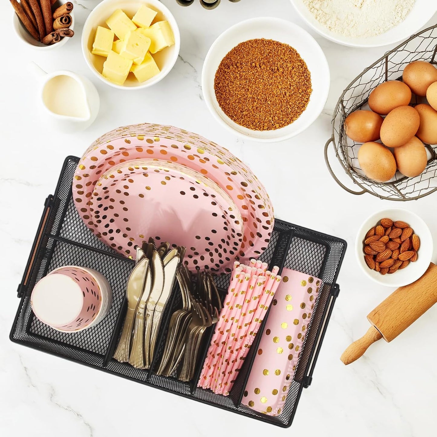 Paper Plate Holders with Wooden Handle for Countertop Cutlery Holder for Party Silverware Plastic Silverware Organizer Utensil Caddy for Kitchen,Picnic,Indoor/Outdoor Dinner Parties,BBQ