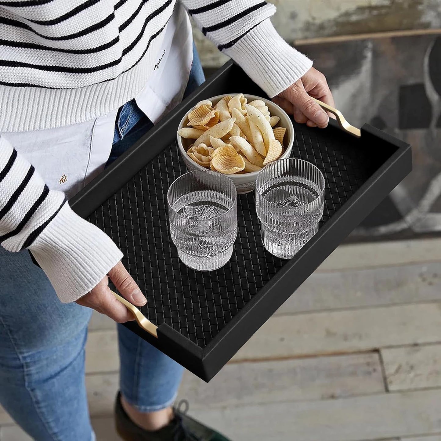 HofferRuffer Faux Leather Rectangle Serving Tray Decor Platter with Gold Metal Handles for Coffee Table, Breakfast, Tea, Food, Countertop, Kitchen, Butler Tray, 16.2 x 12.2 x 2 inches (Classic Black)