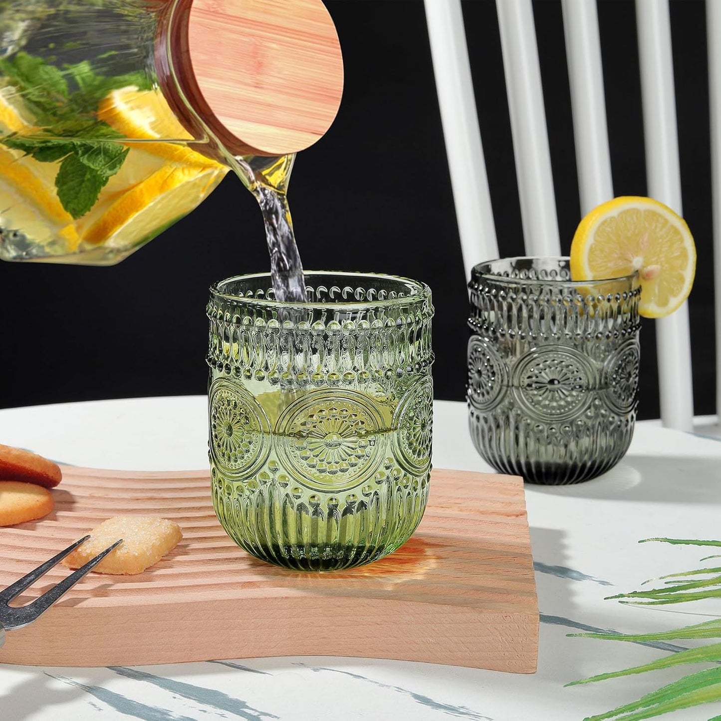 Joeyan Vintage Drinking Glasses Set of 4,9 oz Embossed Sunflower Small Water Glass Tumbler Cups,Colored Romantic Beaded Glassware for Beverages Cocktail Juice Wine,Multicolor,Dishwasher Safe