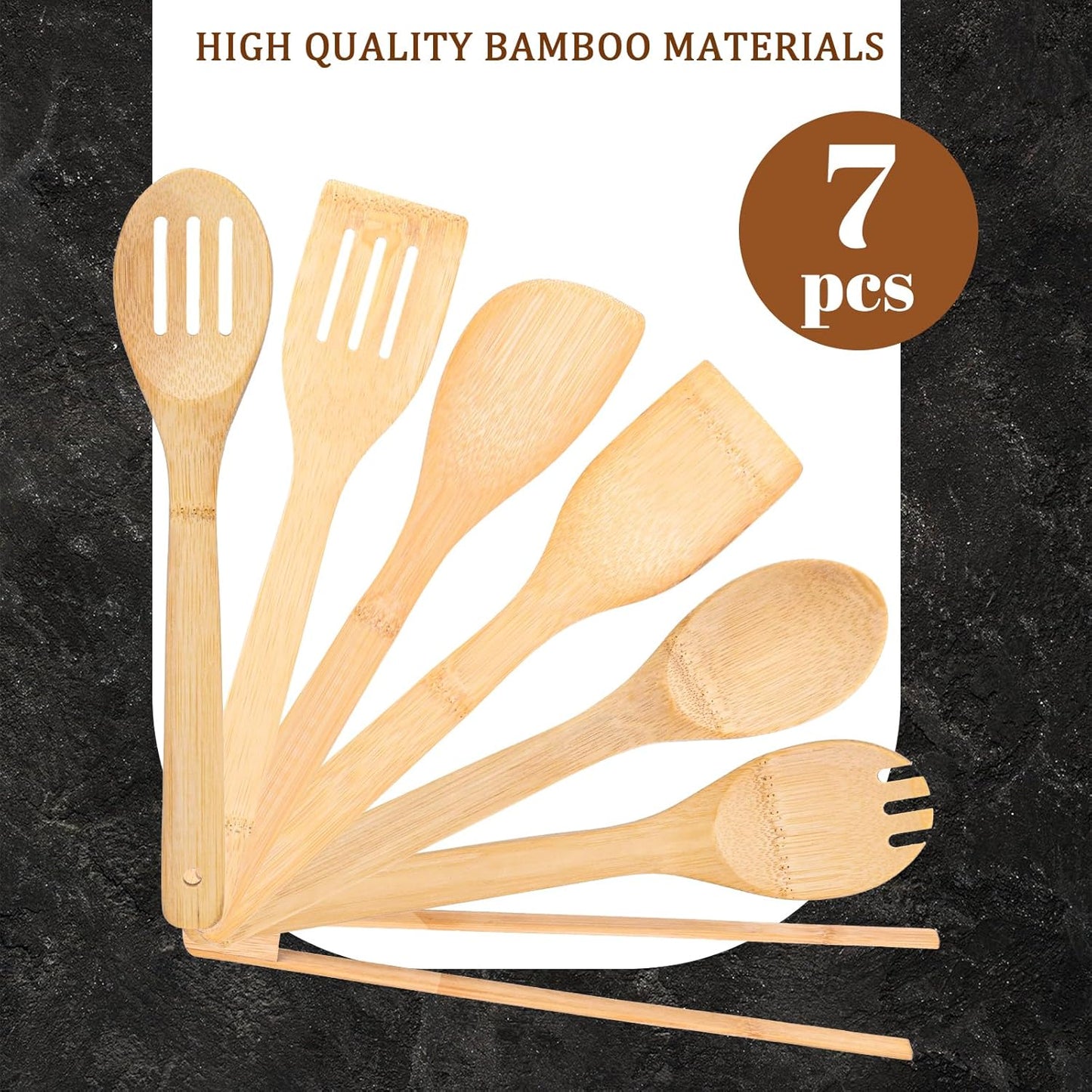 HANSGO Wooden Spoons for Cooking, 7PCS Kitchen Bamboo Cooking Utensils, Wooden Utensil Set for Stirring, Mixing, Serving, Nonstick, Healthy