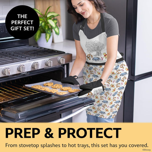Disney Apron & Oven Mitts Set – 3 Piece Bundle with 1 Cotton Kitchen Apron for Cooking & 2 Heat Resistant Pot Holders