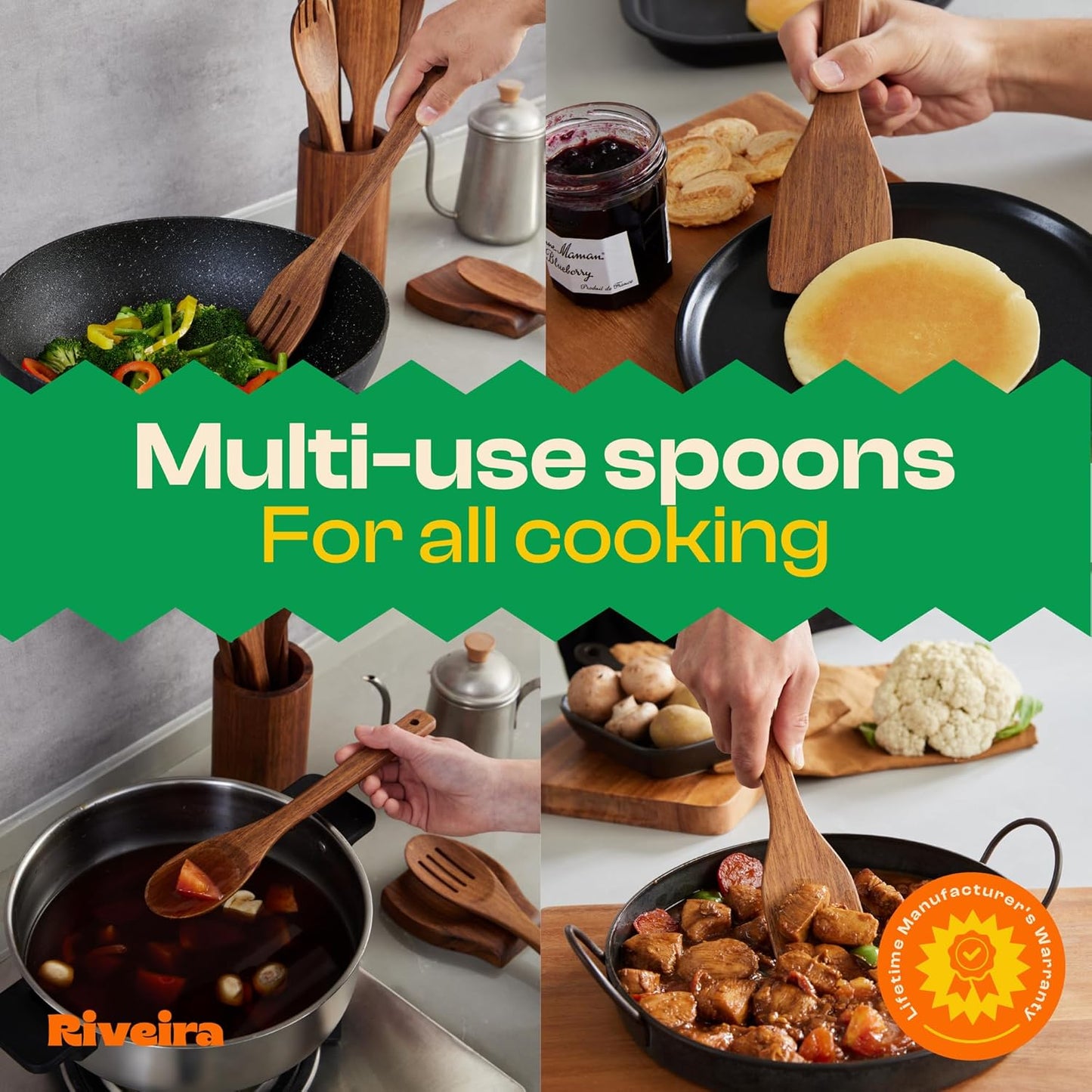 Riveira Teak Wooden Cooking Utensils Set of 9 Premium Quality Non-Toxic Wooden Spoons & Spatulas for Cooking, Stirring, Flipping & Serving