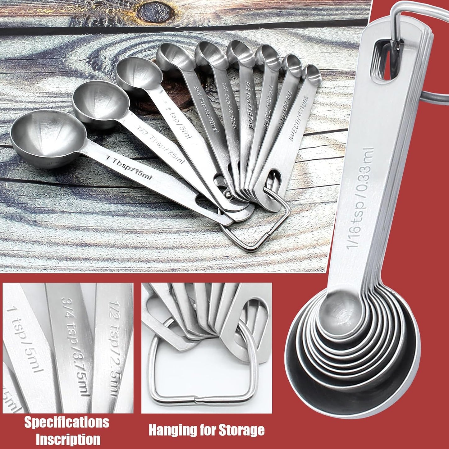Luomorgo 9 Pc Measuring Spoons Set, Stainless Steel, 1/16 to 1 tbsp
