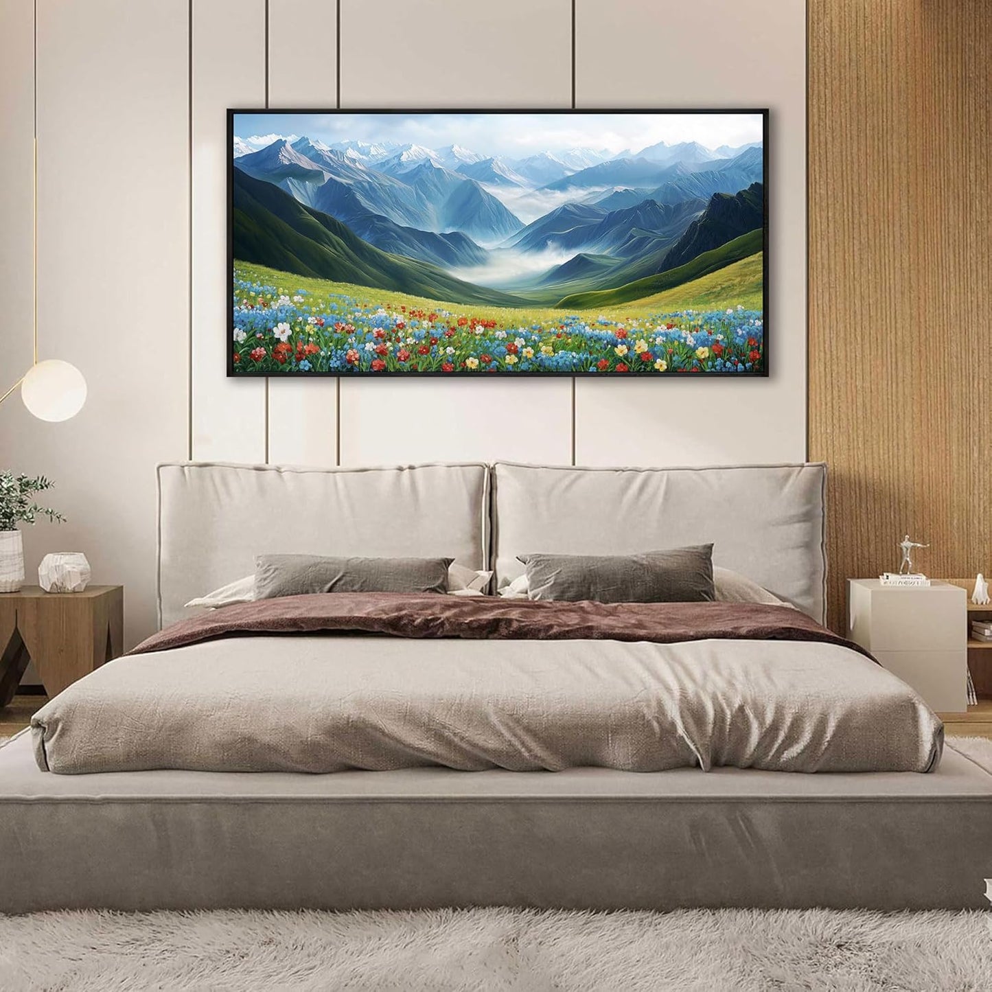 KLAKLA Mountain Wall Art - Large Landscape Living Room Wall Decor Rustic Wild Daisies Misty Forest Snowy Mountains Canvas Picture Framed Artwork for Walls - 48x24 Inches