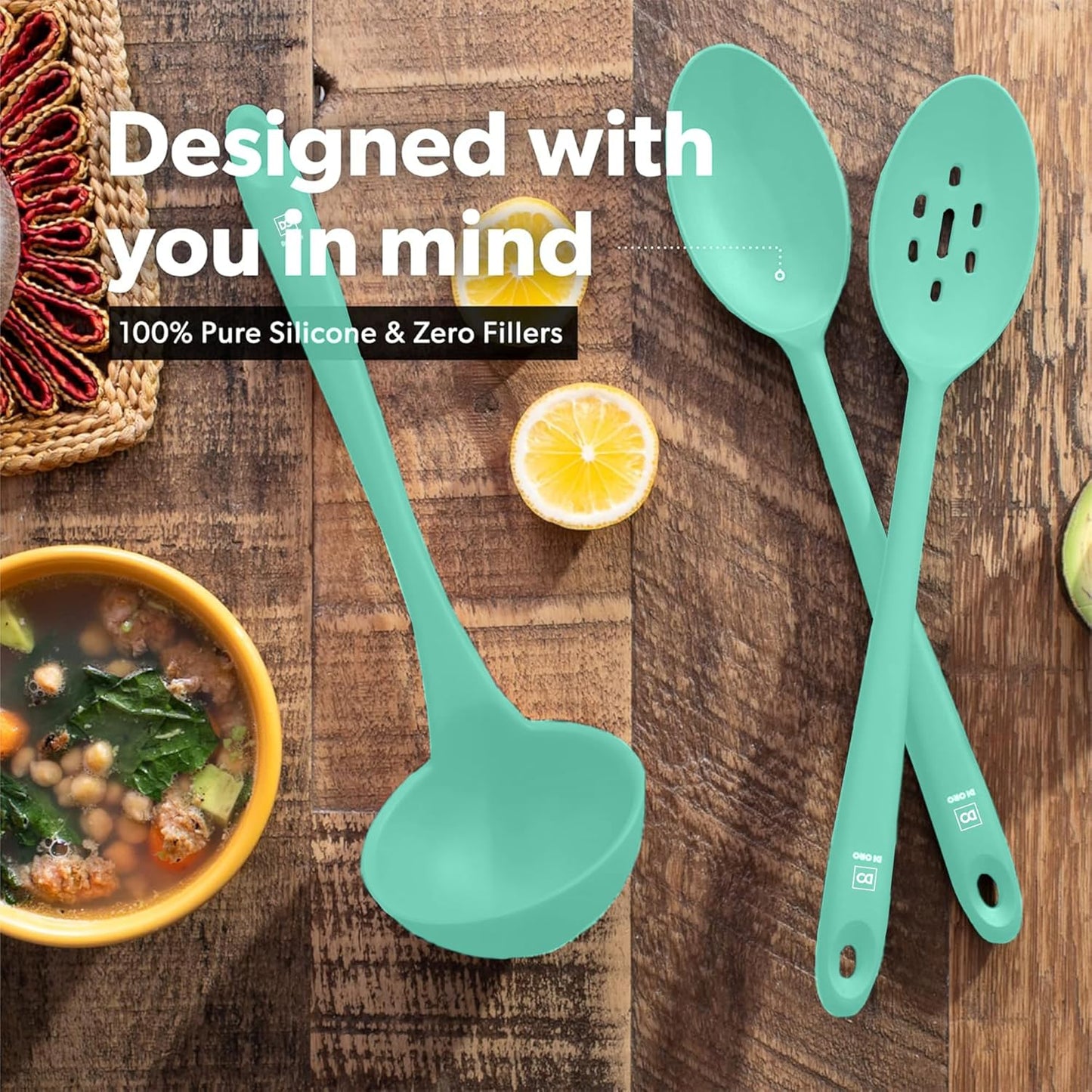 DI ORO Silicone Ladle & Spoons for Cooking – Large Kitchen Spoons for Mixing, Serving, & Stirring - Soup Ladle with Wide Bowl - High Heat Silicone Kitchen Utensils for Nonstick Cookware Safe (Mint)