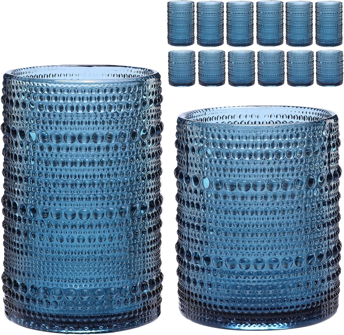 Vintage Glassware Drinking Glasses Set of 12,Blue 12oz & 15oz Hobnail Glass Cups,Embossed Water Tumbler,for Beer,Cocktail,Whiskey,Juice and Various Mixed Drinks- 1 Cleaning Brush