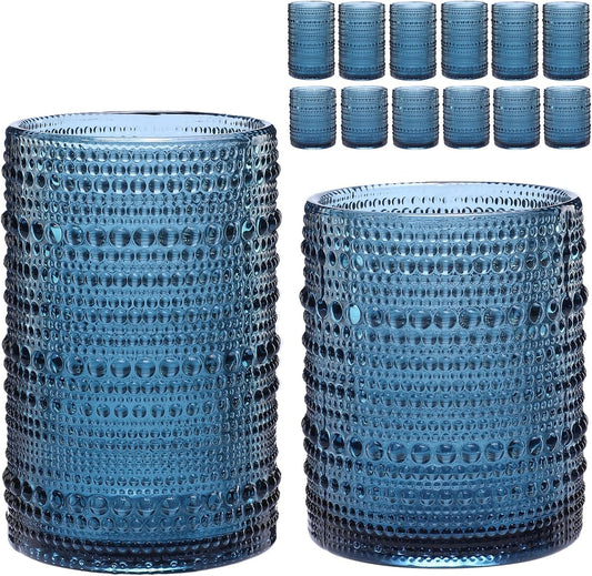 Vintage Glassware Drinking Glasses Set of 12,Blue 12oz & 15oz Hobnail Glass Cups,Embossed Water Tumbler,for Beer,Cocktail,Whiskey,Juice and Various Mixed Drinks- 1 Cleaning Brush