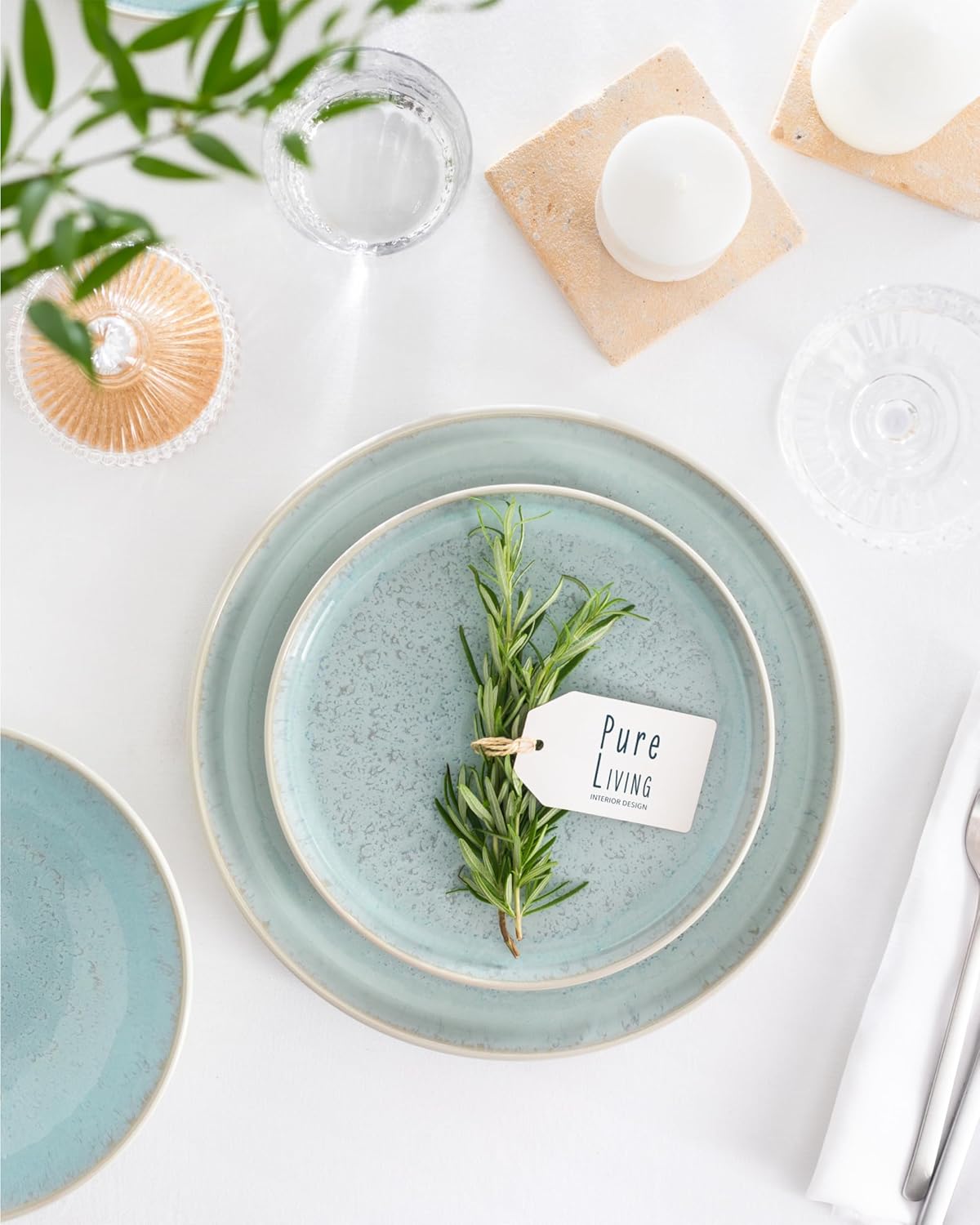 Stoneware Coffee Mug Set of 4, Stylish Modern Beige-Blue Cups, 14.5 Oz Ceramic, Dishwasher and Microwave Safe, Solid Mediteran Set