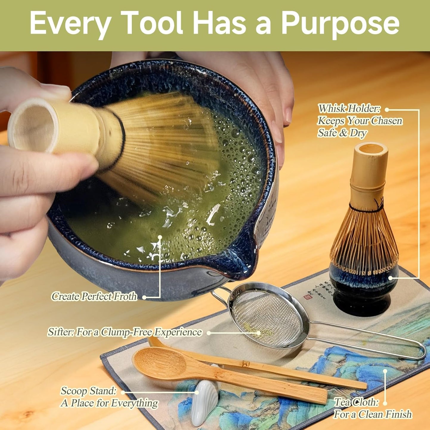 Matcha Whisk Set with Ceramic Bowl - Bamboo Whisk (Chasen), Scoop, Sifter & Holder - Complete Kit for Traditional Matcha Tea - Unique Gifts for Women, Men, Tea Lovers (Luminous-Auric-Sands)