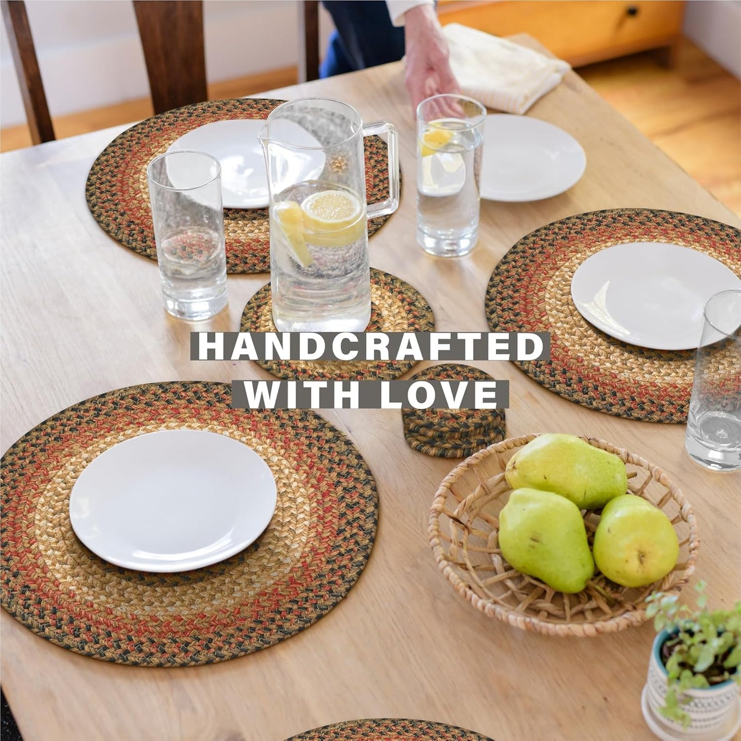 Russet Jute Woven Round Placemats Set of 6, 15", Warm Country Decor, Multicolor Table Mats - Vibrant Colors, Durable, Easy to Clean and Protects Furniture