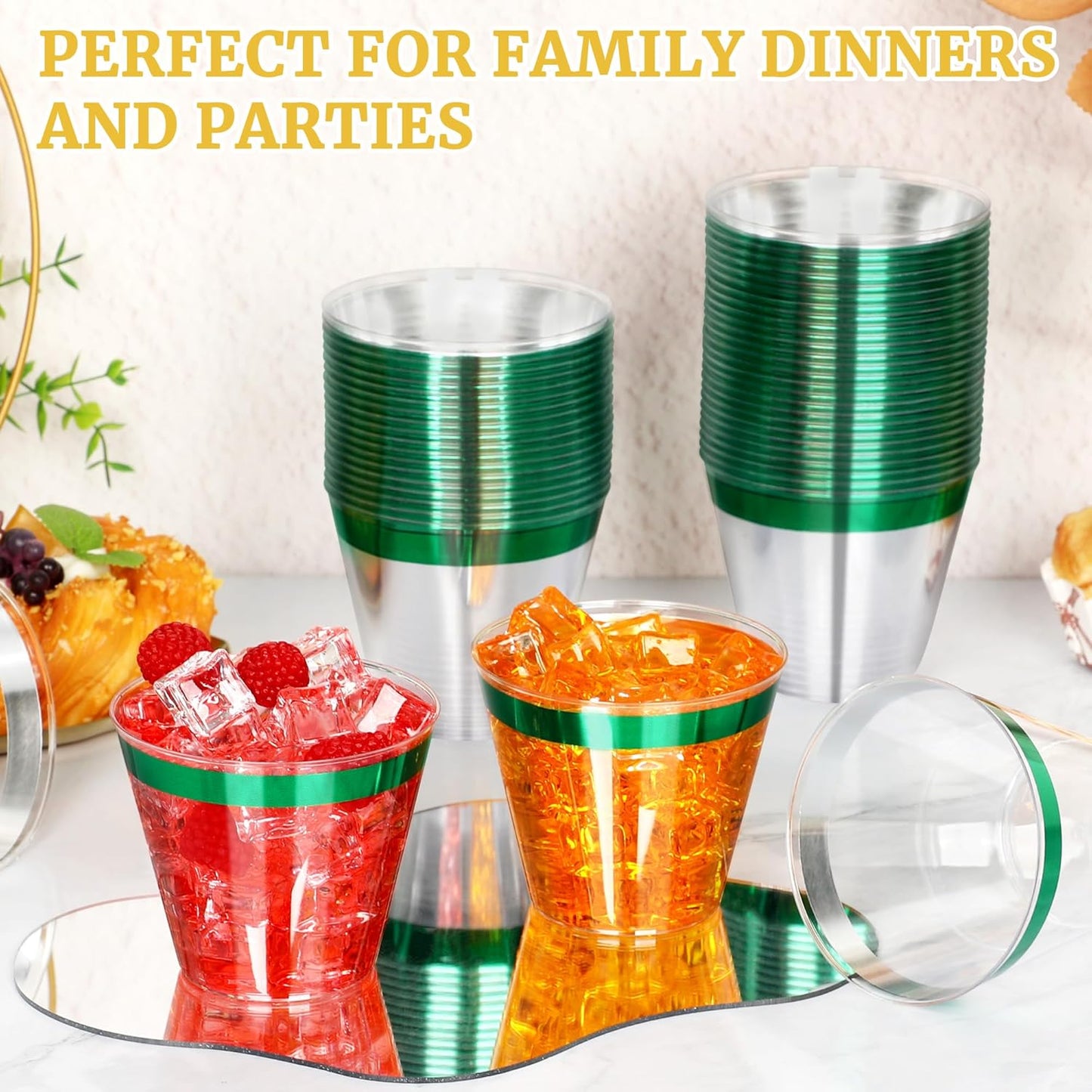 120 Pcs Green Plastic Cups,9Oz Green Rimmed Plastic Cups,Heavy Duty Clear Disposable Plasitc Cocktail Tumblers Wine Cup for Party,Wedding,Birthday,Christmas
