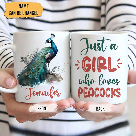 Hyturtle Personalized Gifts Peacock Lover - Just A Girl Who Loves Peacocks Custom Name Ceramic Coffee Mug Cup 11oz - Idea Cute Animal Lover Gifts For Women, Girl Daughter On Birthday, Christmas