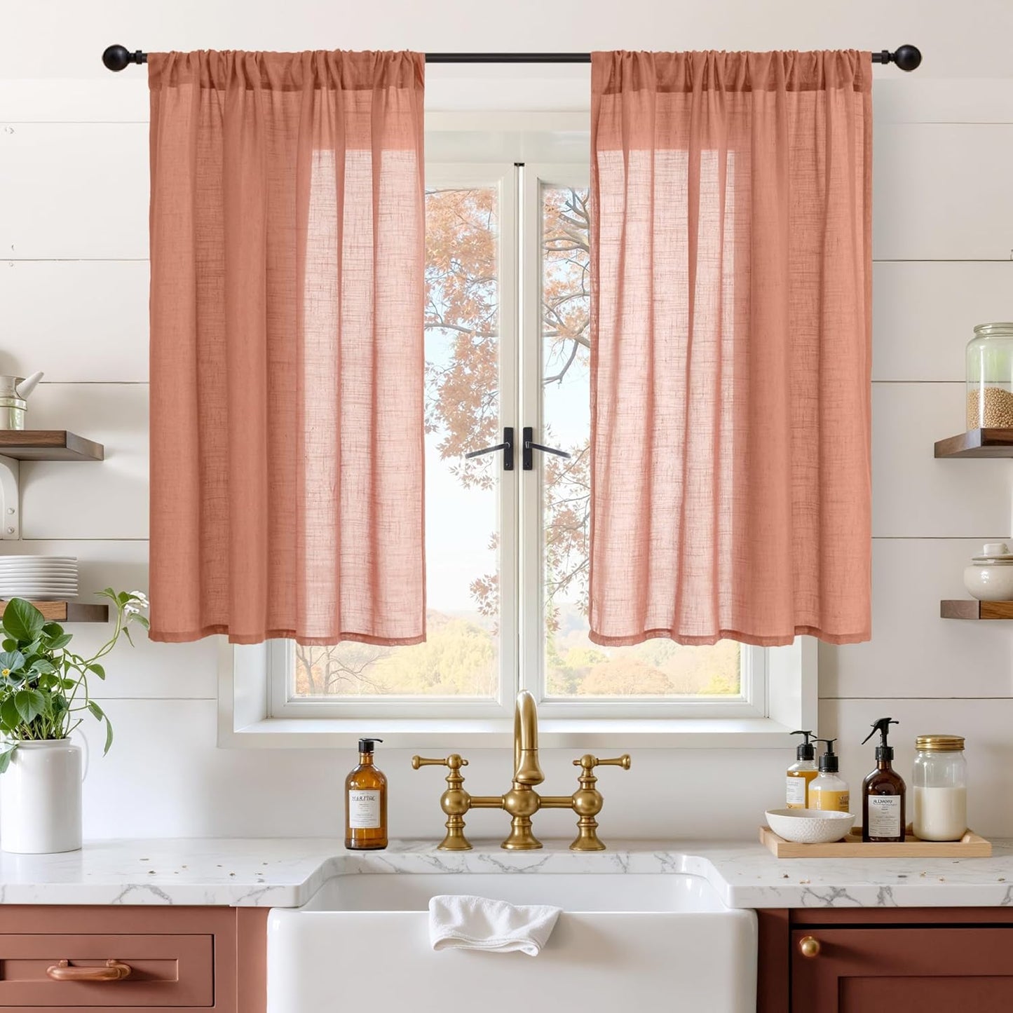 BGment Linen Curtains 40 Inch Length for Short Window, Terracotta Small Drapes for Kitchen Cafe Over Sink Bathroom Decor Rustic Rod Pocket Sheer Textured Lightweight, 2 Panels Set, Each 42 Inch Wide
