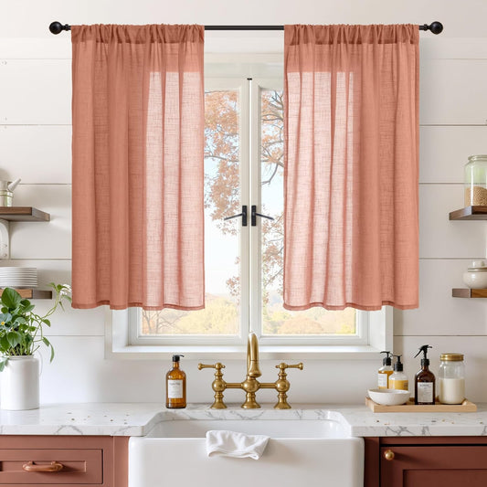 BGment Linen Curtains 40 Inch Length for Short Window, Terracotta Small Drapes for Kitchen Cafe Over Sink Bathroom Decor Rustic Rod Pocket Sheer Textured Lightweight, 2 Panels Set, Each 42 Inch Wide