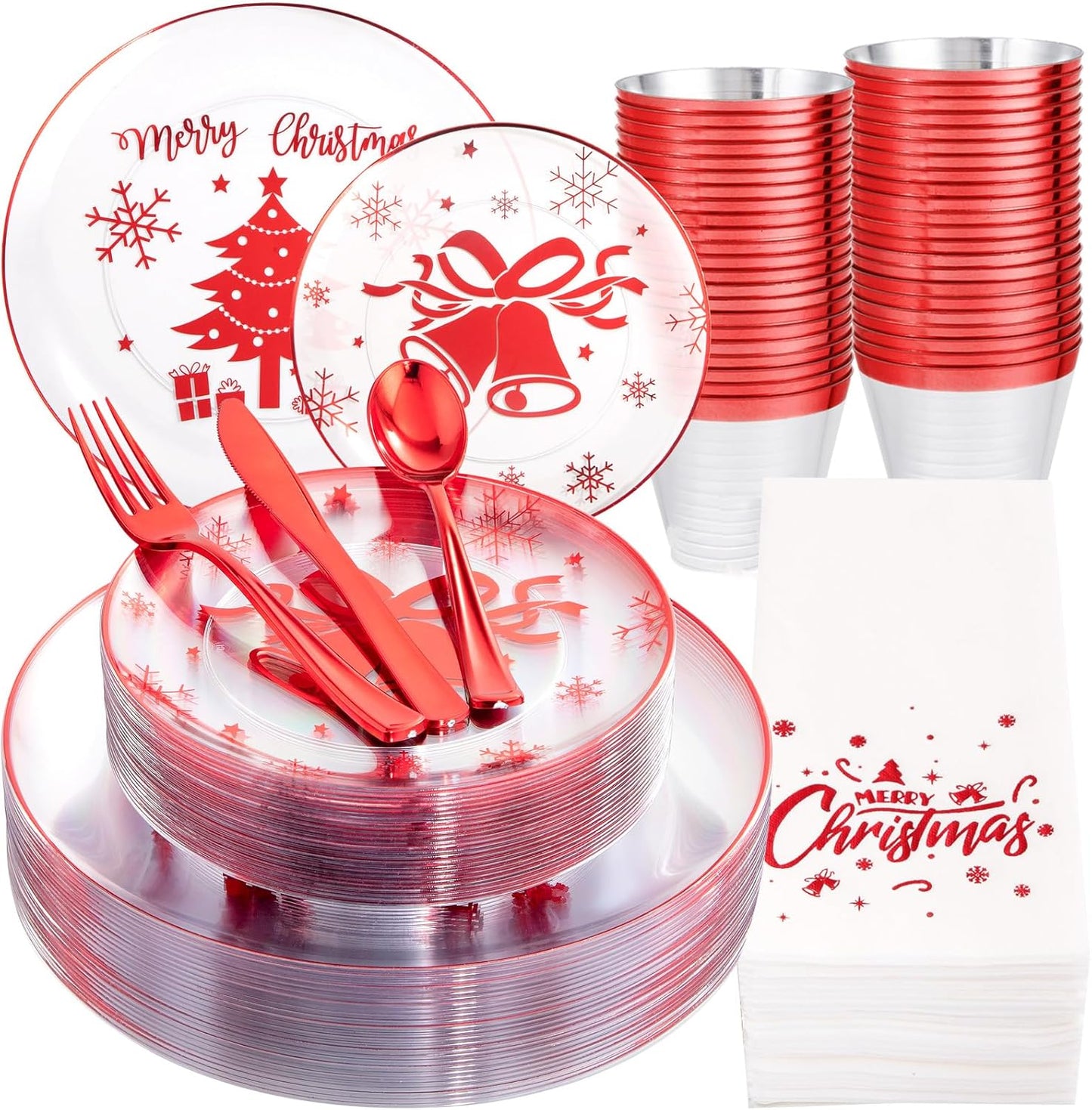 DaYammi 175Pcs Red Plastic Dinnerware Set - Clear Red Plates, Forks, Knives, Spoons, Cups and Napkins for Christmas Party