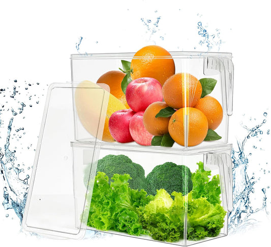 2 Pack Fruit Containers for Fridge, Stackable Ice Container for Freezer with Handles, Clear Pantry Organization and Storage, Kitchen Organization for Food Vegetable Salad with Lids