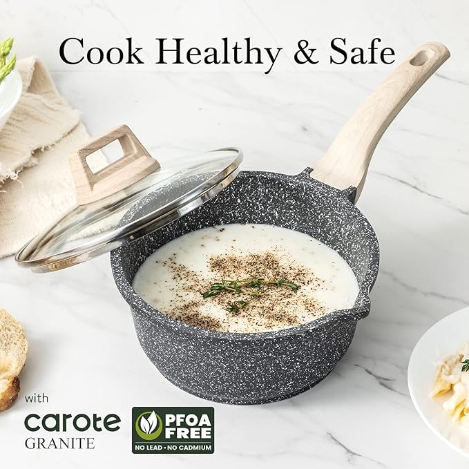 CAROTE 1.5Qt & 3.0Qt Sauce Pan Sets with Lid Cooking Pots Nonstick Saucepans Cookware Set with Pour Spout Small Kitchen Pot, Induction Comptable, Easy to Clean, PFOA FREE (Classic Granite)