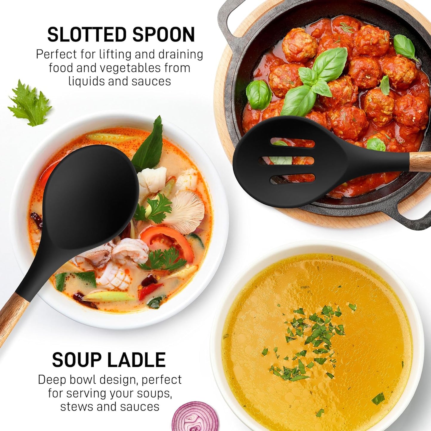 Zulay Kitchen Non-Stick Cooking Utensils Set with Authentic Acacia Wood Handles – 5-Piece Durable & Stylish Silicone Kitchen Utensils Set – Heat Resistant to 464°F – Black