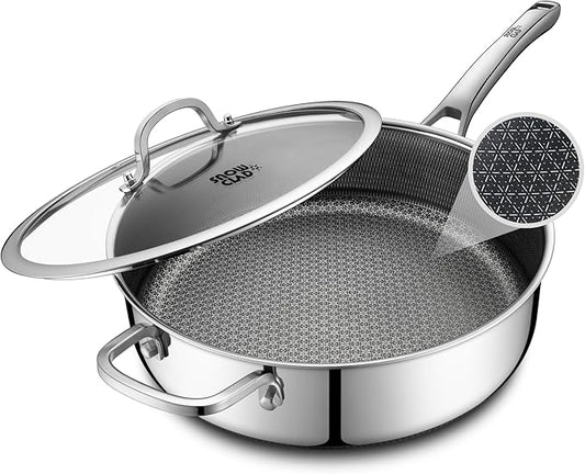 Frying Pans Nonstick with Lid,Hybrid Non Stick 6.5 Quart Saute pan,PFOA Free Cookware,12.5 inch Stainless Steel skillet, Dishwasher and Oven Safe,Works on Induction,Ceramic and Gas Cooktops