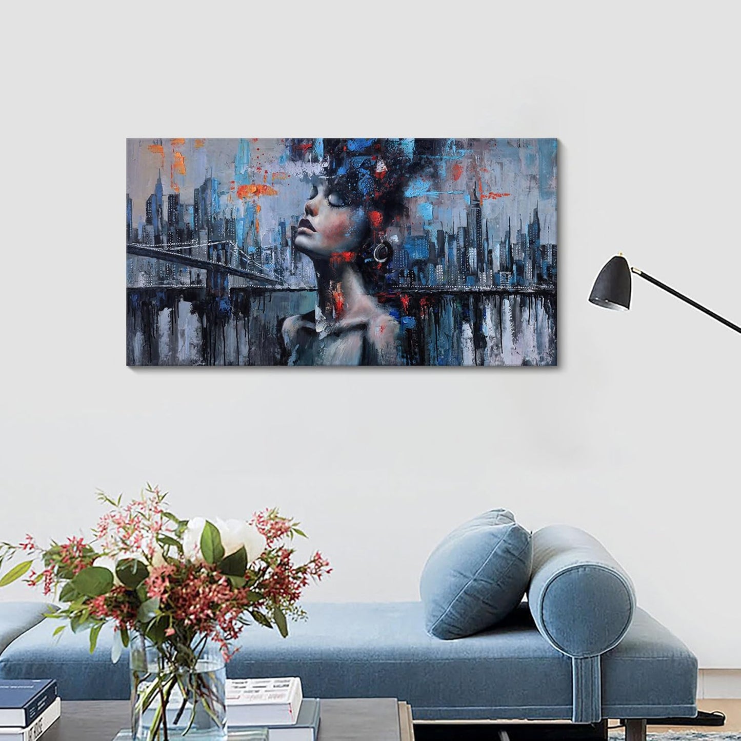 Navy Blue Abstract Wall Art Woman Picture for Living Room Modern Home Bedroom Decoration New York City Framed Cityscape Artwork Decor 20x40IN