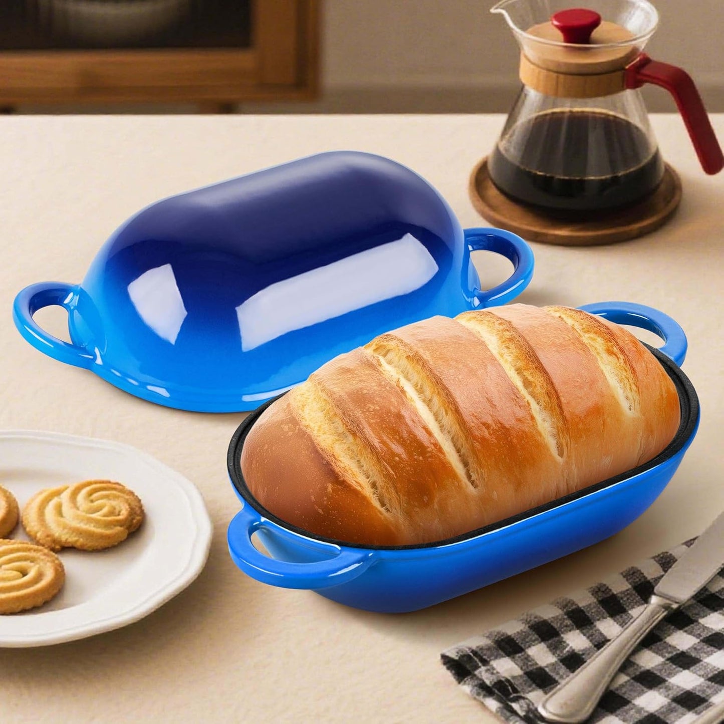 Homikit Enameled Cast Iron Dutch Oven for Bread Baking, 2.8 QT Oval Bread Oven Pot with Lid, Sourdough Loaf Iron Dutch Oven Pan for Roasting Cooking, Blue & Heavy Duty