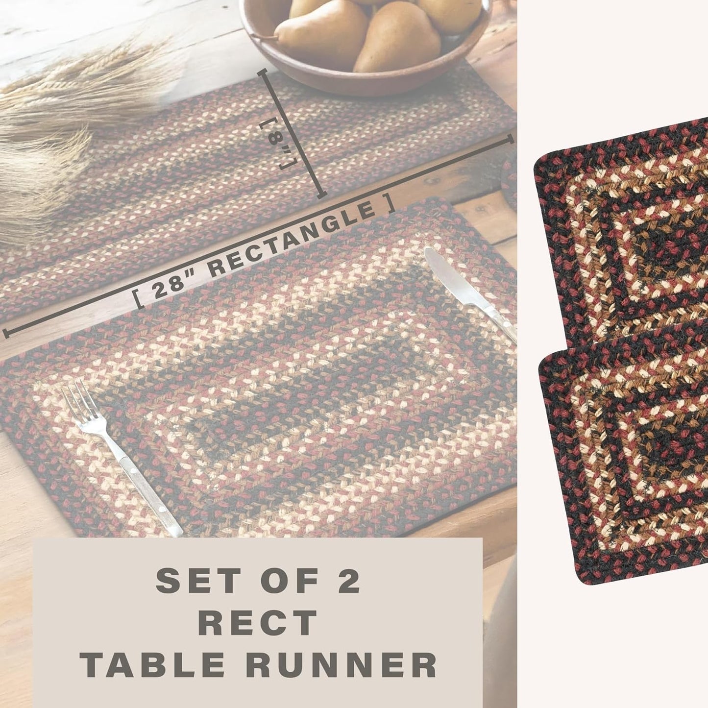 Homespice Prescott Jute Braided Dinner Table Runner, Warm Primitive Decor, Set of 2, Black and Red Rectangle 8x28 - Rich Colors, Easy to Clean, Durable and Protects Furniture