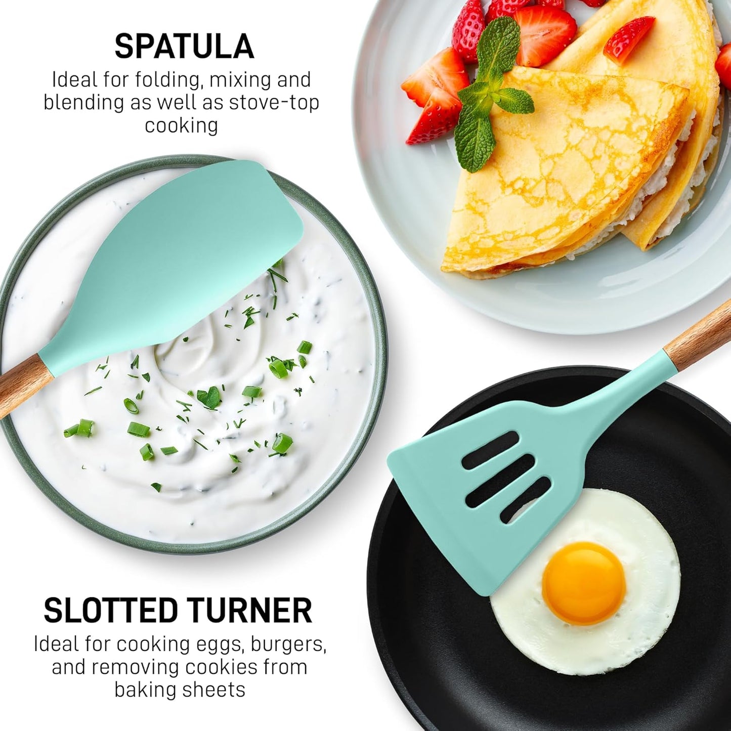 Zulay Kitchen Non-Stick Cooking Utensils Set with Authentic Acacia Wood Handles – 5-Piece Durable & Stylish Silicone Kitchen Utensils Set – Heat Resistant to 464°F – Aqua