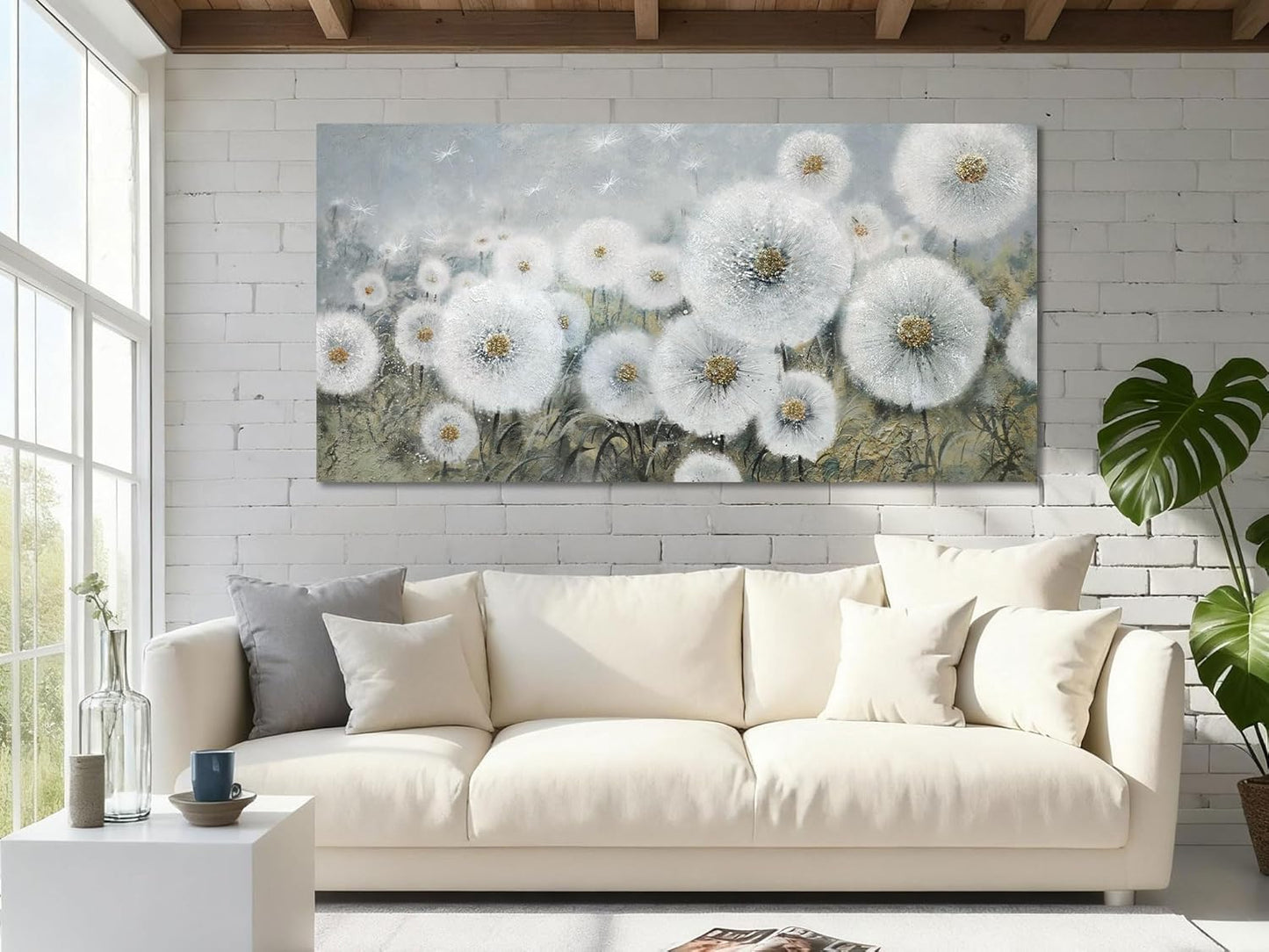 Ardemy Dandelions Wall Art Large Floral Pictures Wall Decor Living Room Flowers Paintings Textured Artwork for Walls Bedroom Kitchen Dining Room Home Office, 48"x24"