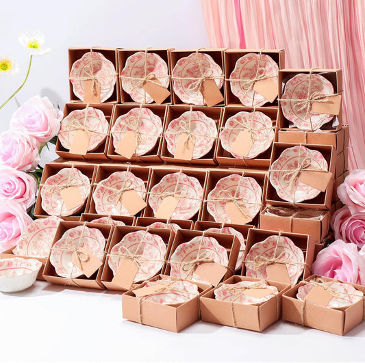 48 Pcs Wedding Favors for Guests Small Ceramic Bowl Bulk Gifts Set 3.3 Inch Floral Design Mini Dipping Bowl Sauce Dish with Cards Box for Bridal Baby Shower Birthday Guest Gift (Pink)