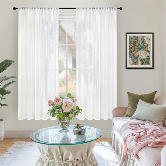 BGment White Semi Sheer Linen Curtains 63 Inch Length for Bedroom 2 Panels Set - Textured Light Filtering Drapes with Rod Pocket Lightweight Window Treatments for Living Room, 52 X 63 Inch