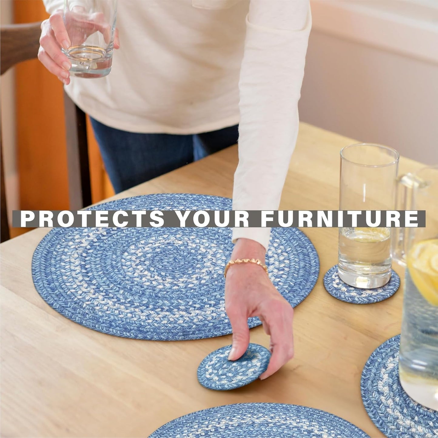 Denim Jute Woven Round Placemats Set of 6, 15", Country Coastal Decor, Blue Table Mats - Vibrant Colors, Durable, Easy to Clean and Protects Furniture