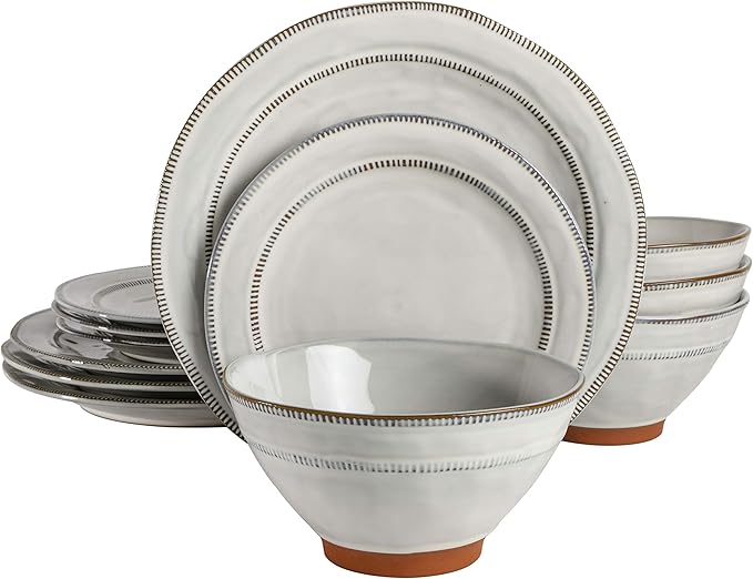 Gibson Elite Terranea Round Reactive Glaze Terra Cotta Dinnerware Set, Service for Four (12pcs), White